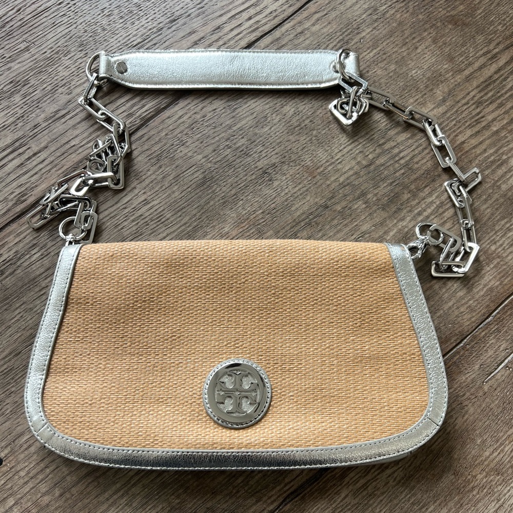Tory Burch Tan and Silver Clutch with Chain Strap